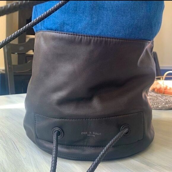 Rag & Bone Walker Cinched Drawstring Leather & Denim Backpack Bag